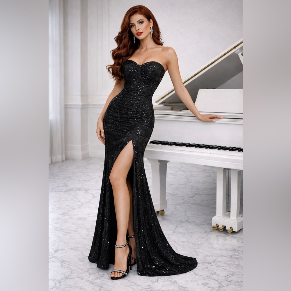 NWT Black Strapless Sequins Prom Gala Military Evening Gown Sz M